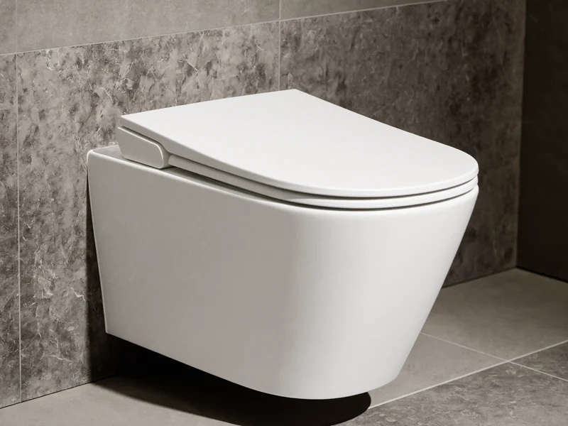 Vægmonteret hvidt keramisk toilet med slankt soft-close-sæde mod grå flisevæg